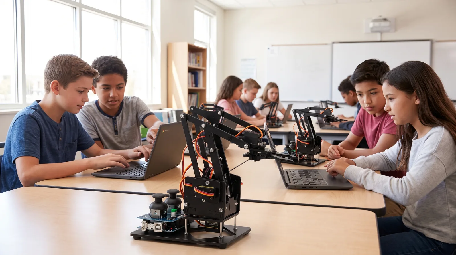 A row of RA01 robotic arms on classroom desks, students working at each station
