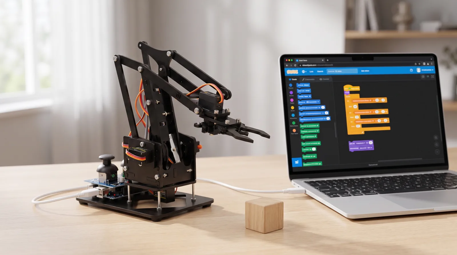 The RA01 arm on a desk beside a laptop running Arm Studio, connected by a single USB cable